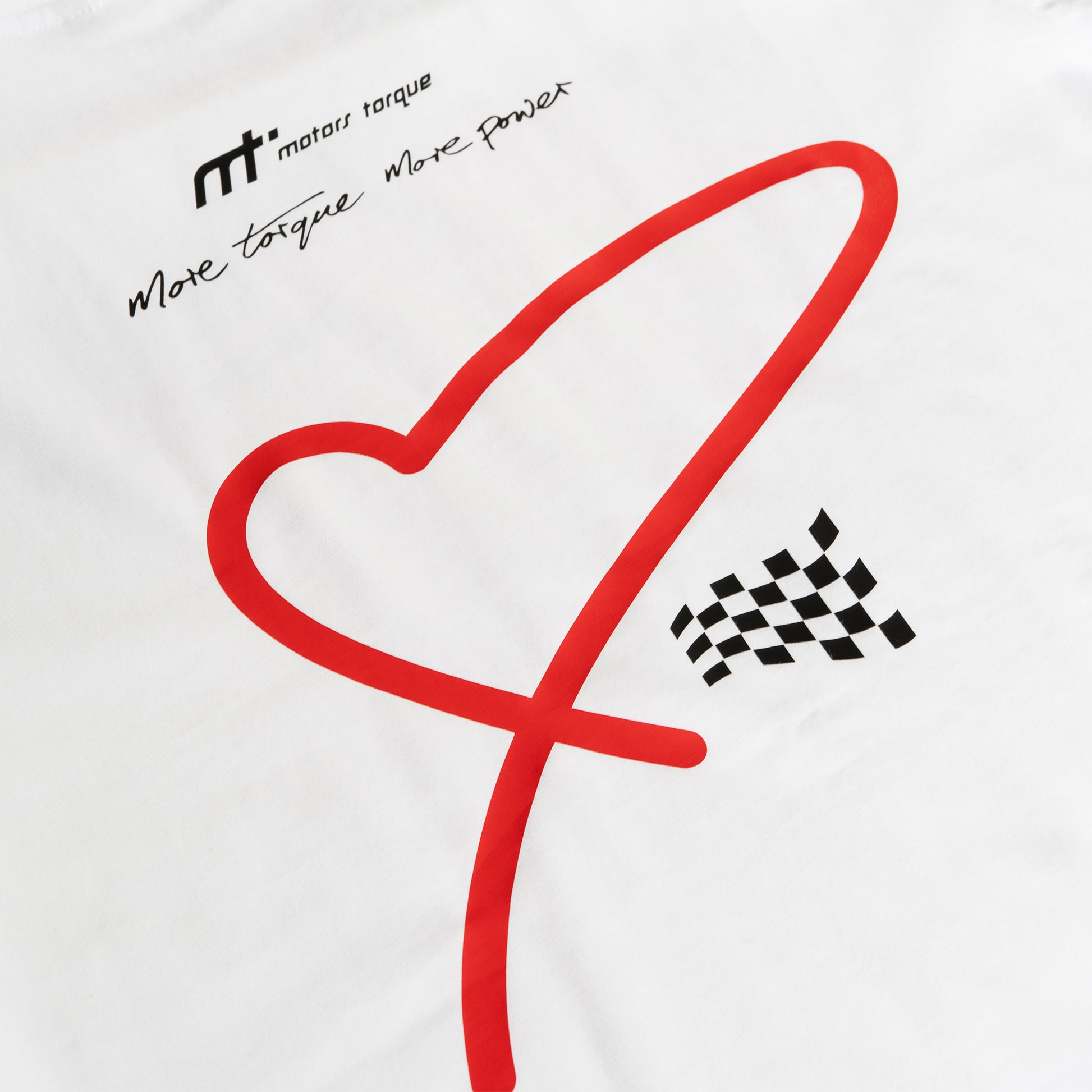 This ‘T’ is the cam of our collection. Featuring our MT brand on the front with for the love of heart and flag, with a larger heart and flag motif on the back. This ‘T’ was designed to convey the love of motorsport.

Why white? It’s a stylish backdrop for the red heart and chequered flag and cooler in the sun. This ‘T’ is inspired by a love of motorsport and is a great tribute to the thrill of the race.

Our t-shirts are soft and durable just like our community.

This ‘T’ is a ladies more snug fit (this run